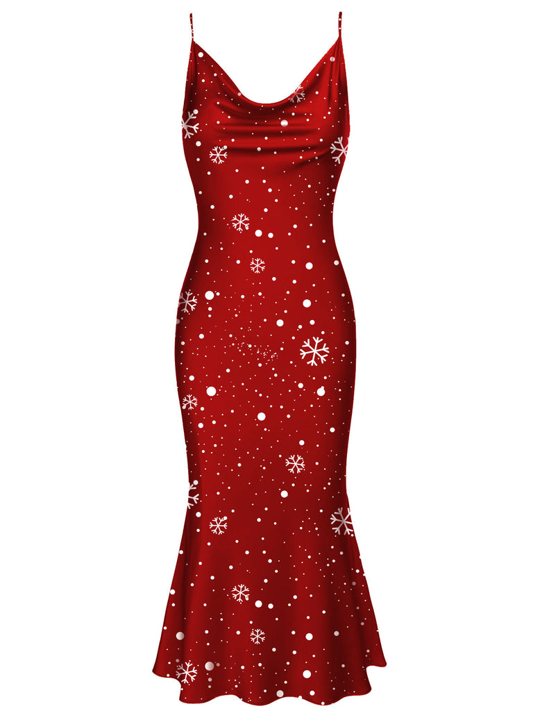 [Prévente] Robe sirène rouge flocon de neige à bretelles de Noël des années 1930