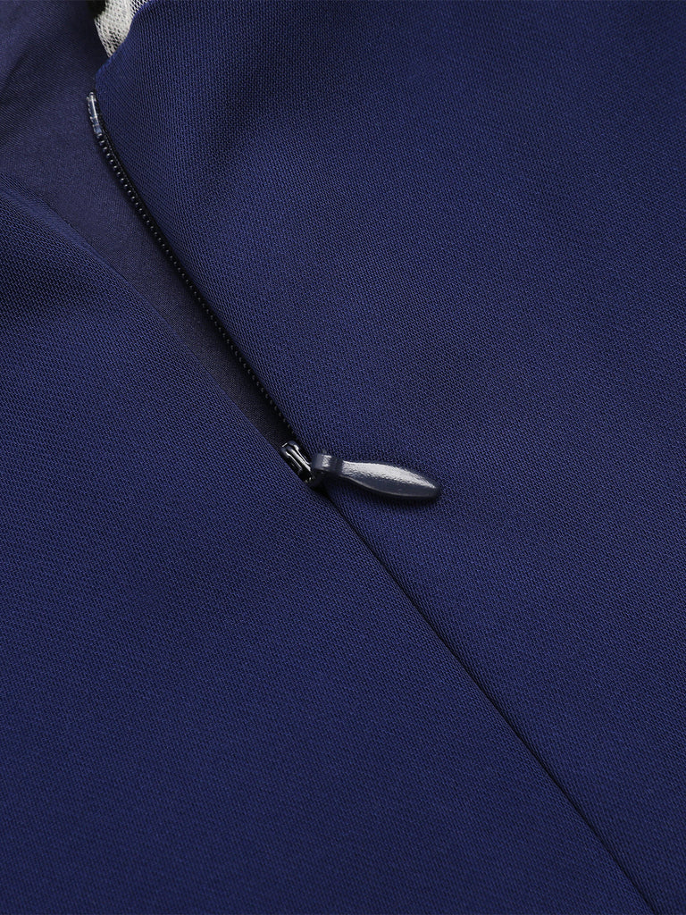 Robe crayon patchwork bleu foncé à pois des années 1960