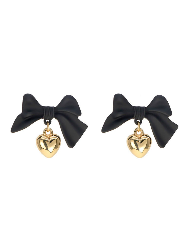 Boucles d'Oreilles Tiges Rétro Coeur Nœud Noir