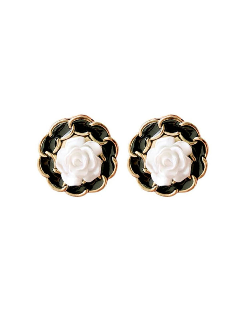 Boucles d'Oreilles Rose Blanche Forme Noire Rétro