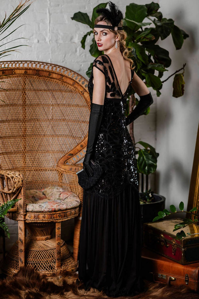 Robe Gatsby longue à paillettes noire et or des années 20 avec paillettes