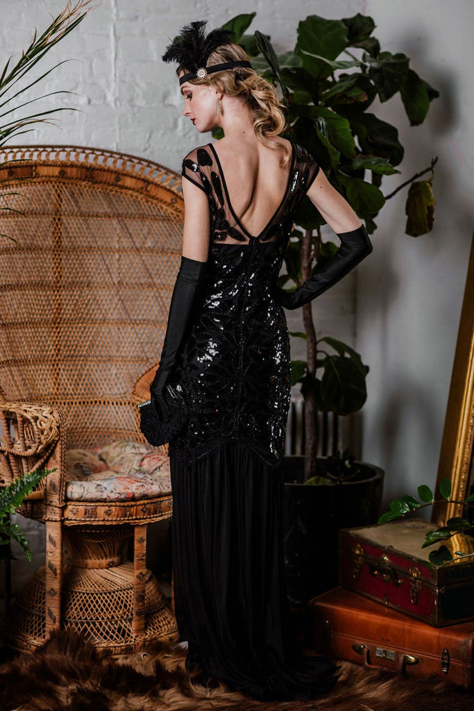 Robe Gatsby Femme Robe Flapper Charleston Pailletée avec Frange Années 20  Vintage Robe de Soirée Cocktail Col V Rétro sans Manche (FR/ES,  Alpha/Lettres, M, Taille Normale, Taille Normale, Noir) : : Mode