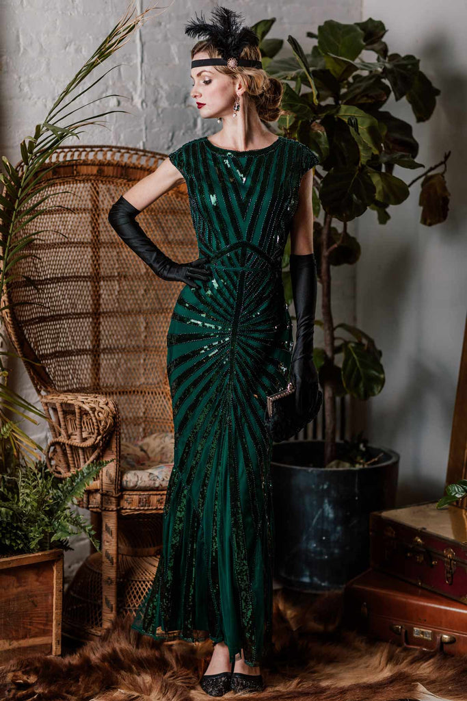 Robe Charleston Vintage Année 20 Gatsby Maxi à Paillettes Déco Nœud Papillon