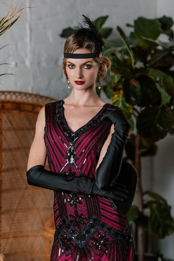 Robe Gatsby Gatsby des années 20 à franges rouges pailletés scintillantes  avec accessoires des années 20