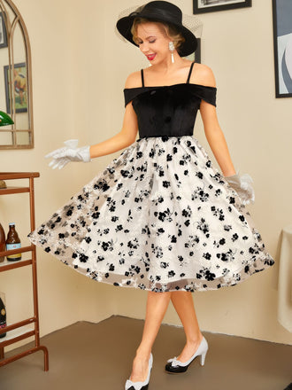 Robe Swing Année 50 Épaules Froides et Dénudées