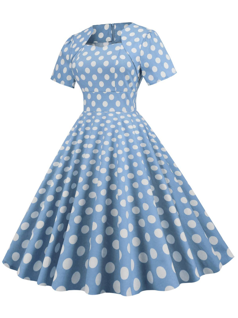 Robe Vintage Évasée Bleue à Pois des Années 1950