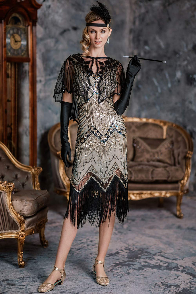 Robe Charleston Noir Cocktail Années 20 à Franges Paillettes Gatsby – Retro  Stage-France