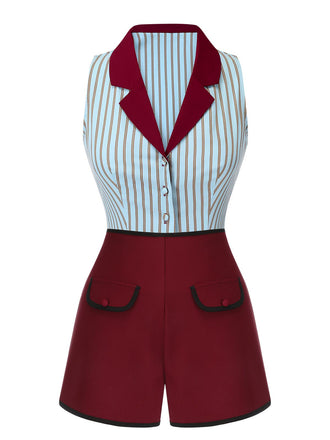 2PCS Chemisier à rayures bleues des années 1950 et short uni rouge