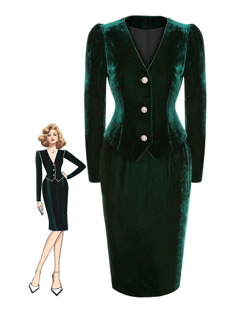 2PCS Manteau et jupe en velours vert des années 1960