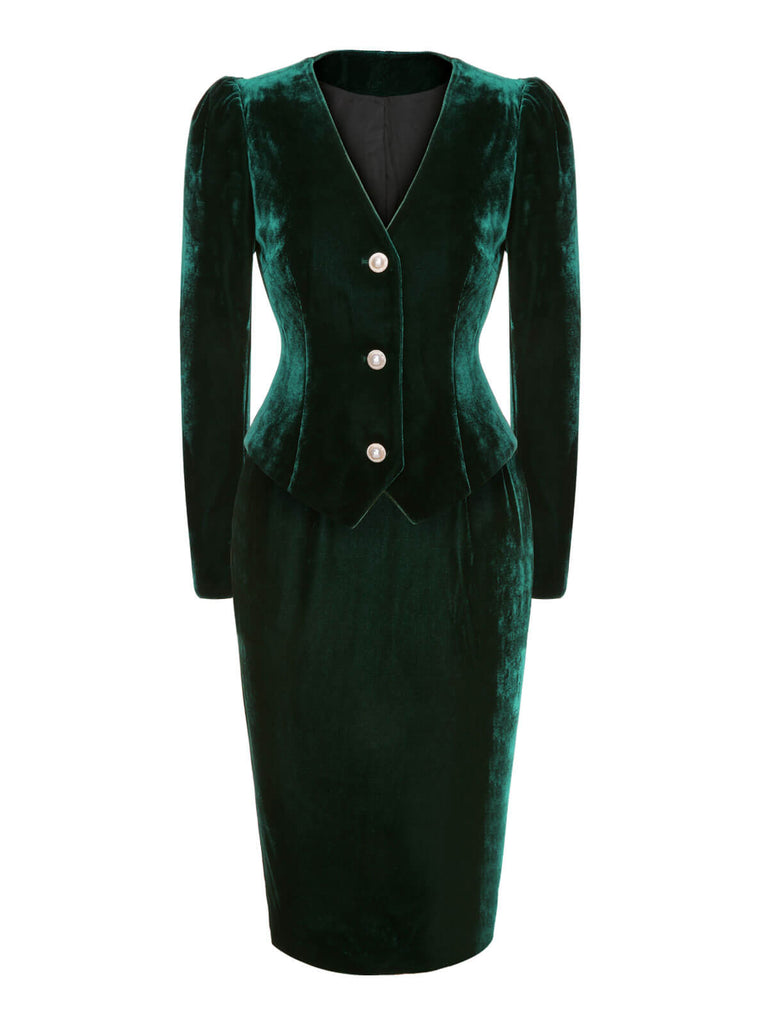 2PCS Manteau et jupe en velours vert des années 1960