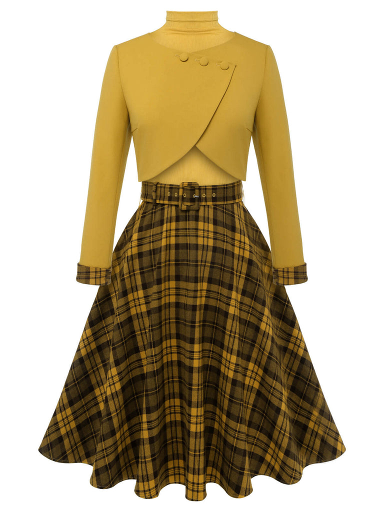 2PCS manteau court jaune des années 1950 et robe à carreaux