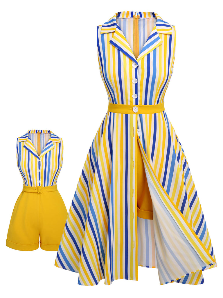 2PCS combishort et jupe rayées jaune blanc bleu des années 1950