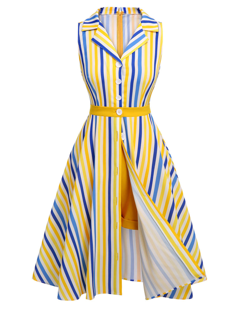 2PCS combishort et jupe rayées jaune blanc bleu des années 1950