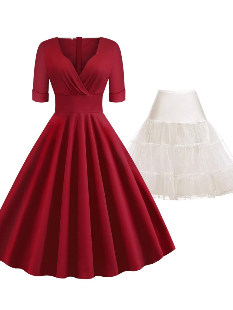 2PCS Robe Vintage Année 50 Demi-manches Col V Plain Jupon Blanc