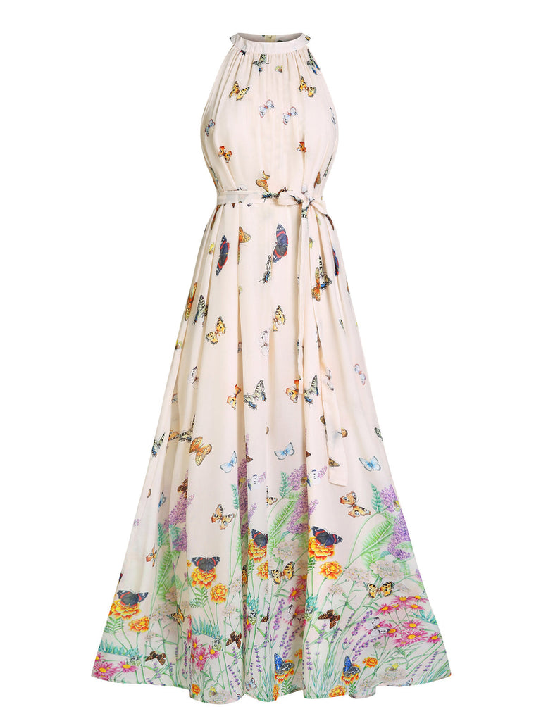 Robe maxi vintage à licou et papillon à fleurs