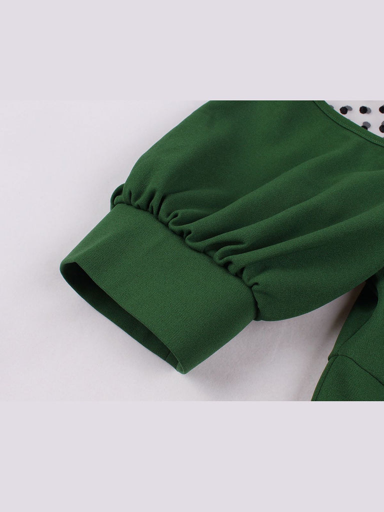 Robe Swing Vintage Années 50 à Pois Demi Manche Vert Chic