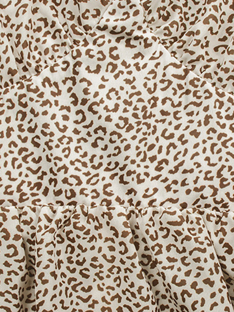 Robe Longue Vintage à Col V Années 40 Léopard Pin Up