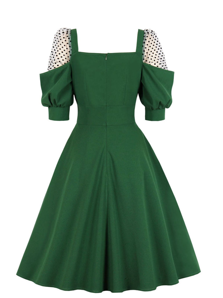 Robe Swing Vintage Années 50 à Pois Demi Manche Vert Chic