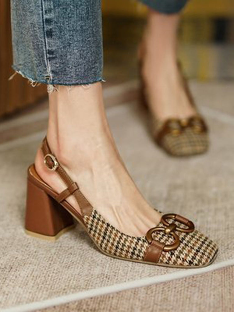 Chaussures Talons Hauts Épais Carreaux Rétro Café