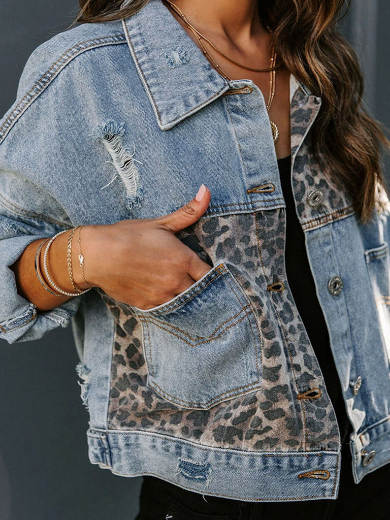 Veste en jean patchwork léopard bleu des années 1980