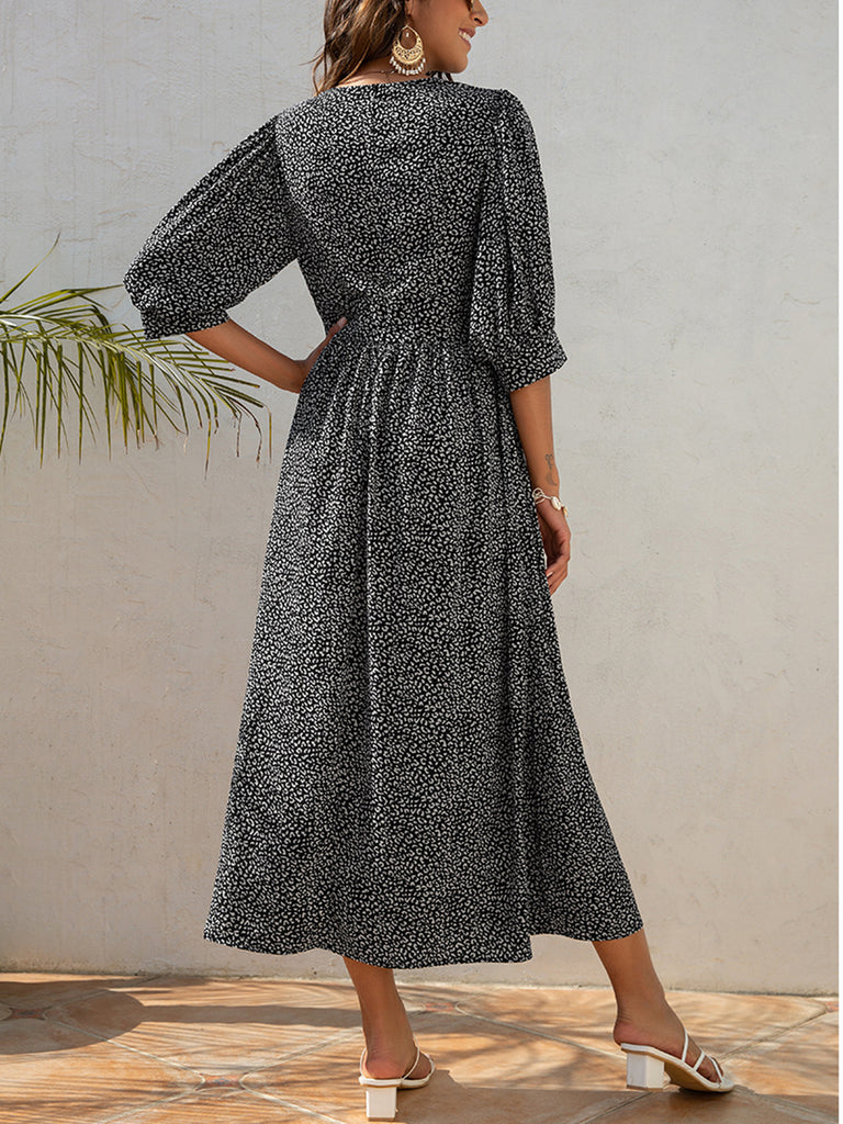 Robe Longue Vintage à Col V Années 40 Léopard Pin Up