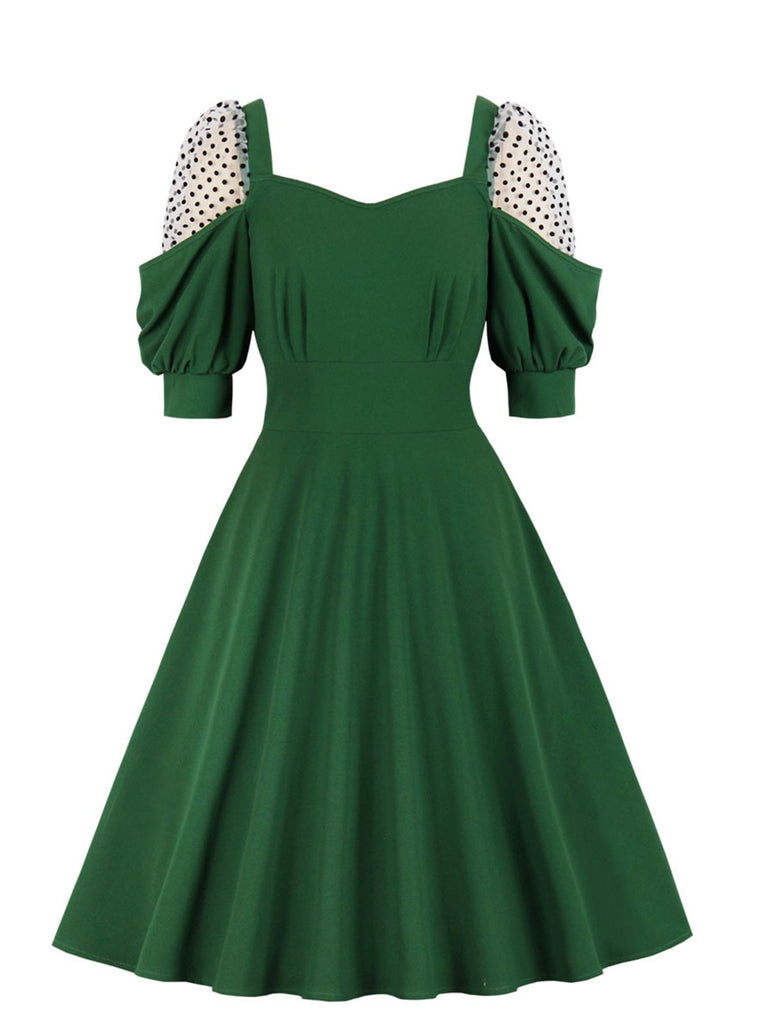 Robe Swing Vintage Années 50 à Pois Demi Manche Vert Chic