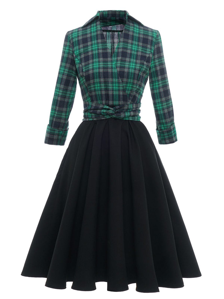 Robe Trapèze Verte Patchwork Carreaux Années 1950