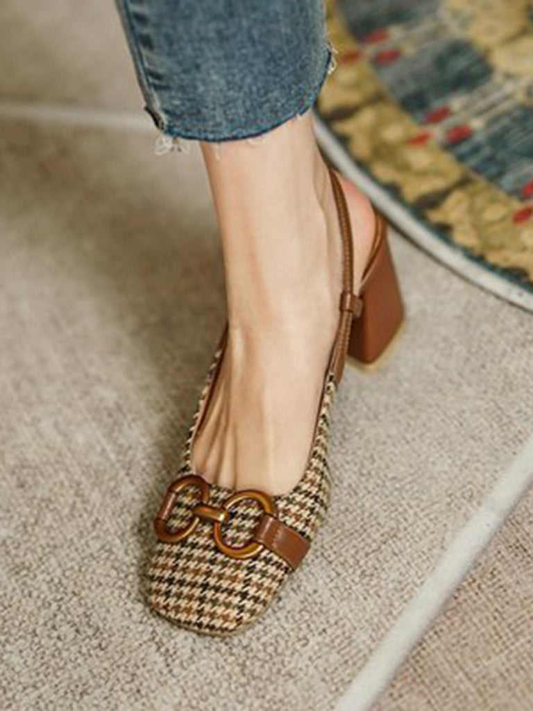 Chaussures Talons Hauts Épais Carreaux Rétro Café