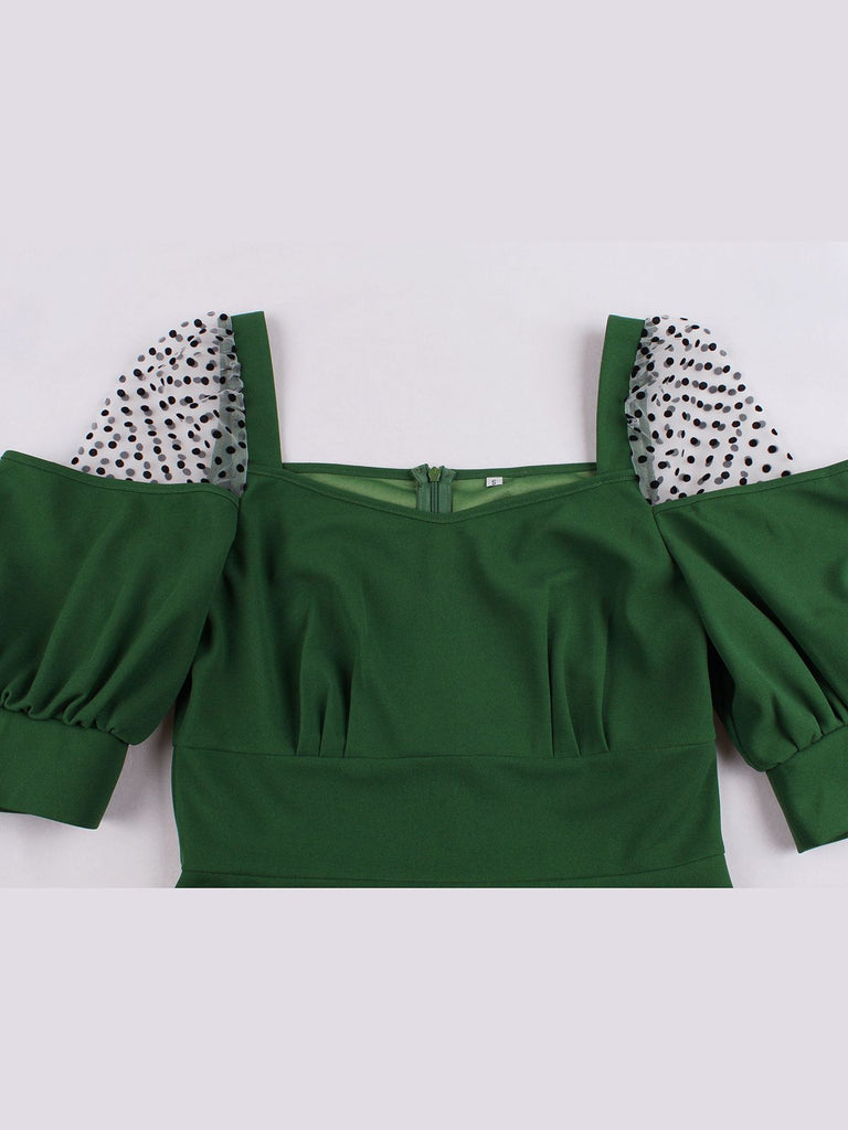 Robe Swing Vintage Années 50 à Pois Demi Manche Vert Chic