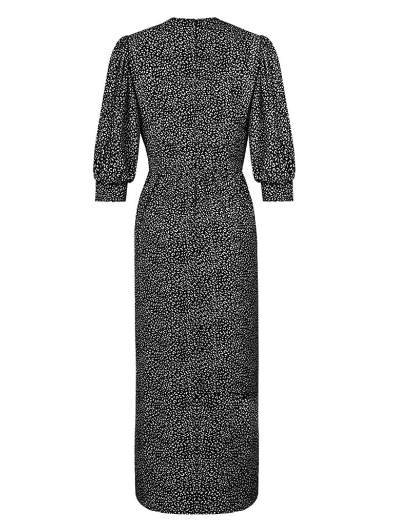 Robe Longue Vintage à Col V Années 40 Léopard Pin Up