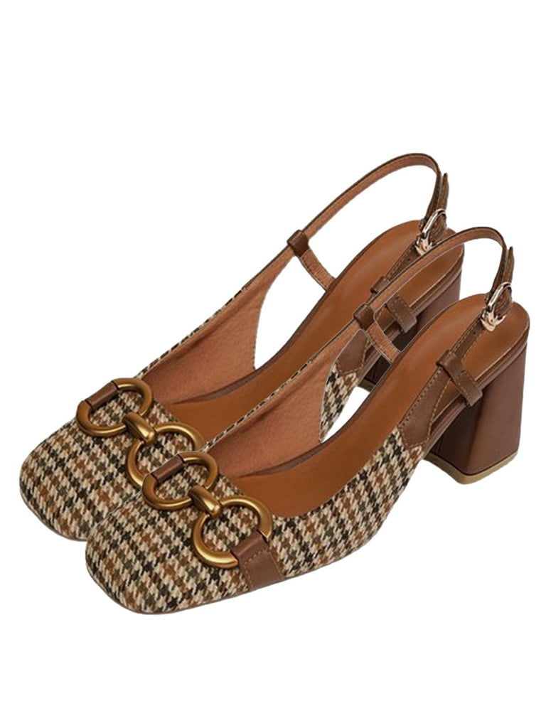 Chaussures Talons Hauts Épais Carreaux Rétro Café