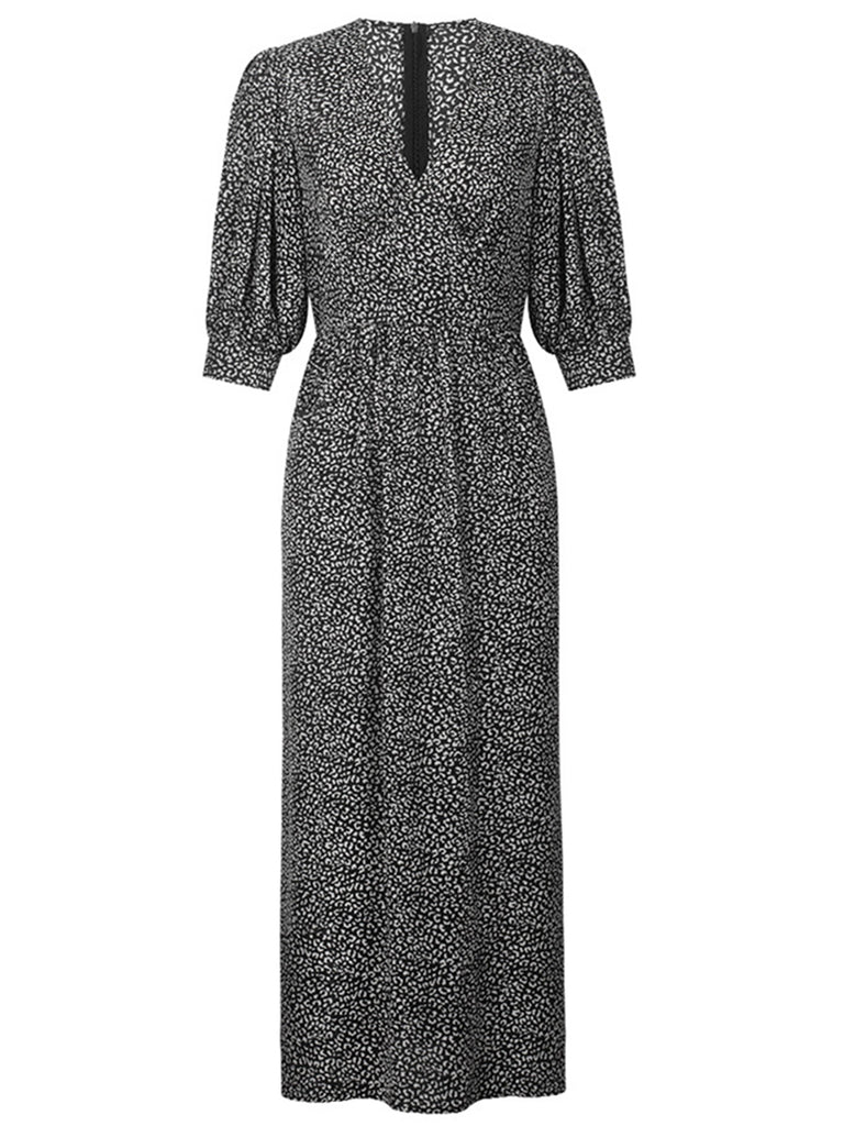 Robe Longue Vintage à Col V Années 40 Léopard Pin Up