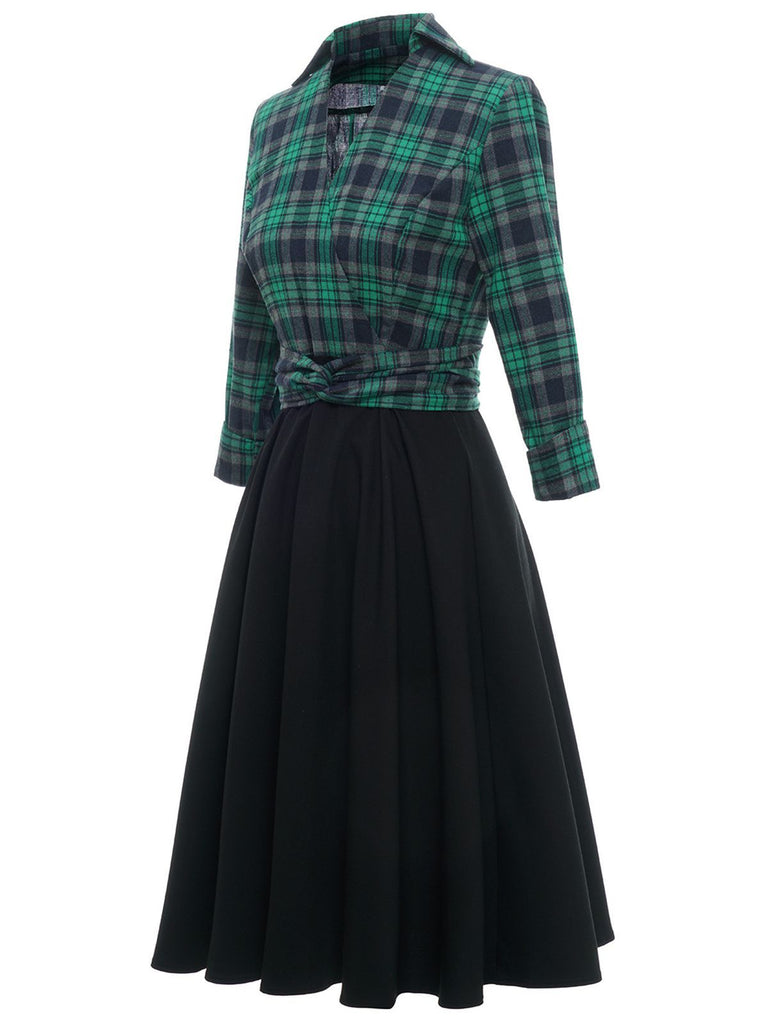 Robe Trapèze Verte Patchwork Carreaux Années 1950