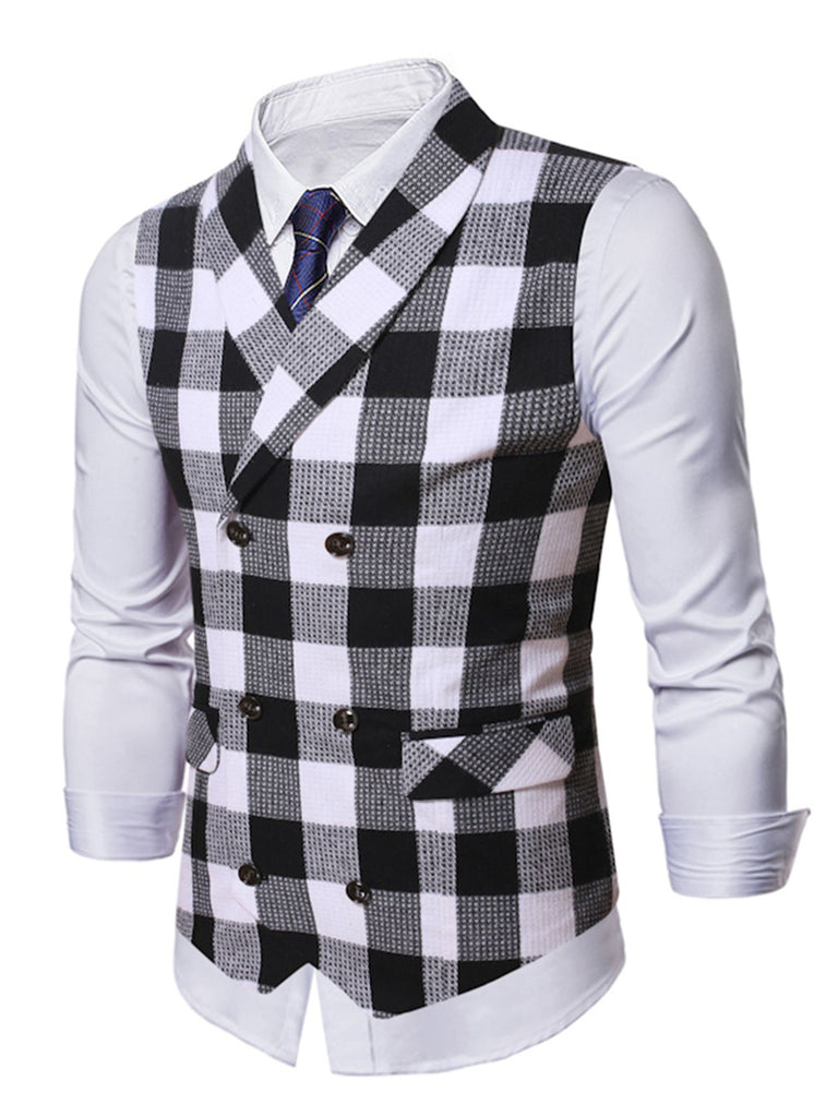 Gilet de Costume à Carreaux Top Vintage Unisexe Avec Buttons Noir et Blanc