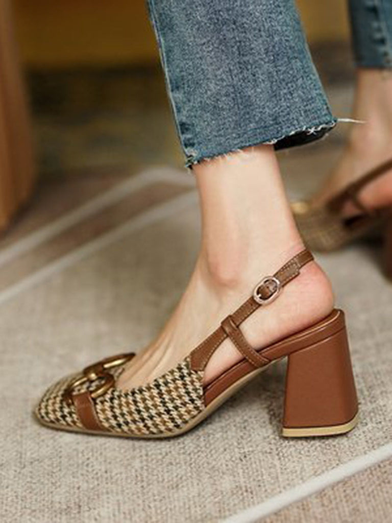 Chaussures Talons Hauts Épais Carreaux Rétro Café