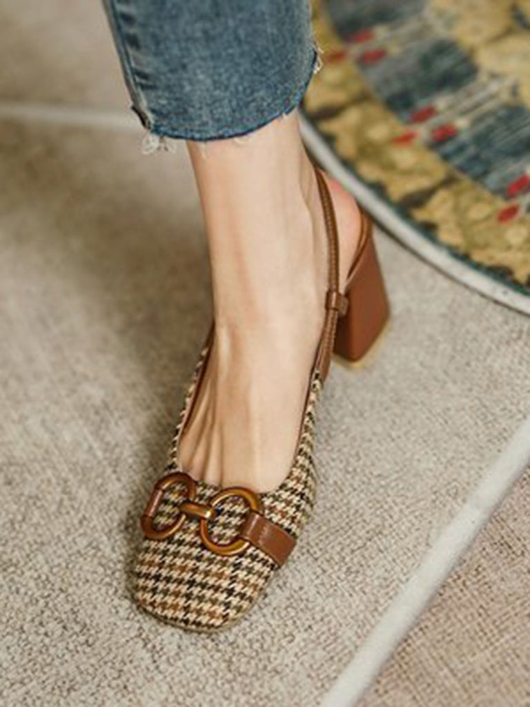 Chaussures Talons Hauts Épais Carreaux Rétro Café