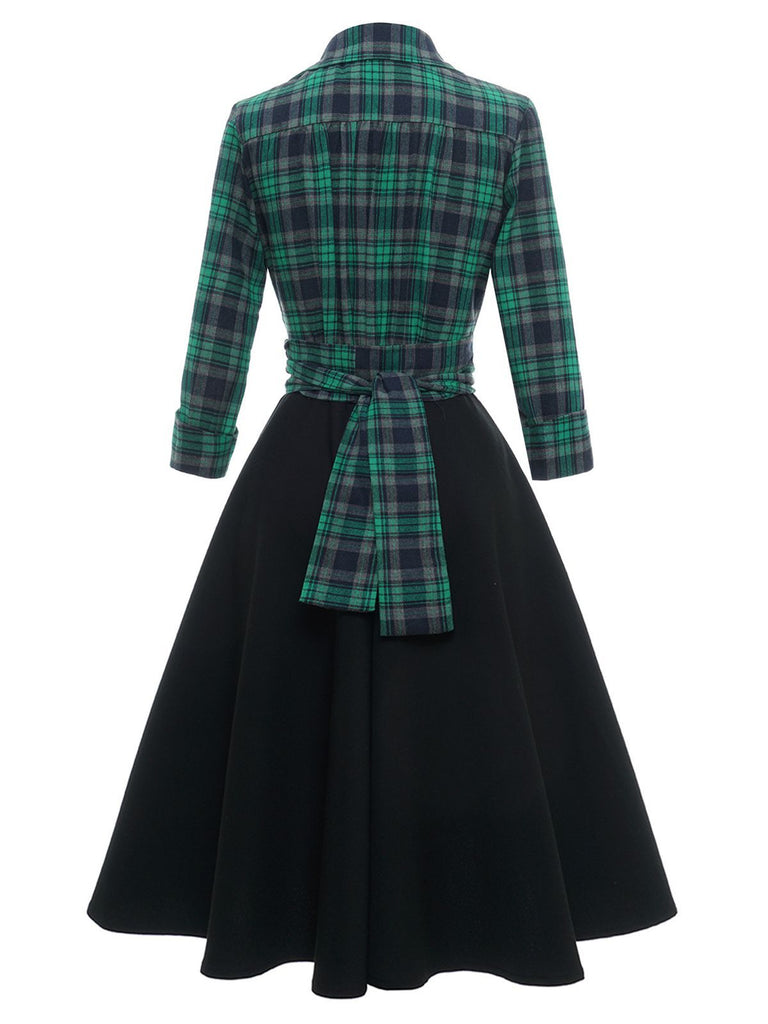 Robe Trapèze Verte Patchwork Carreaux Années 1950