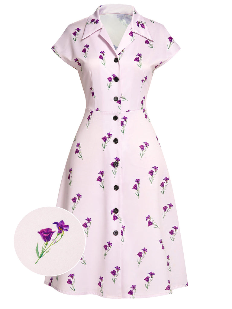 [Prévente] Robe Chemise Violette Florale Boutonnée Années 1940