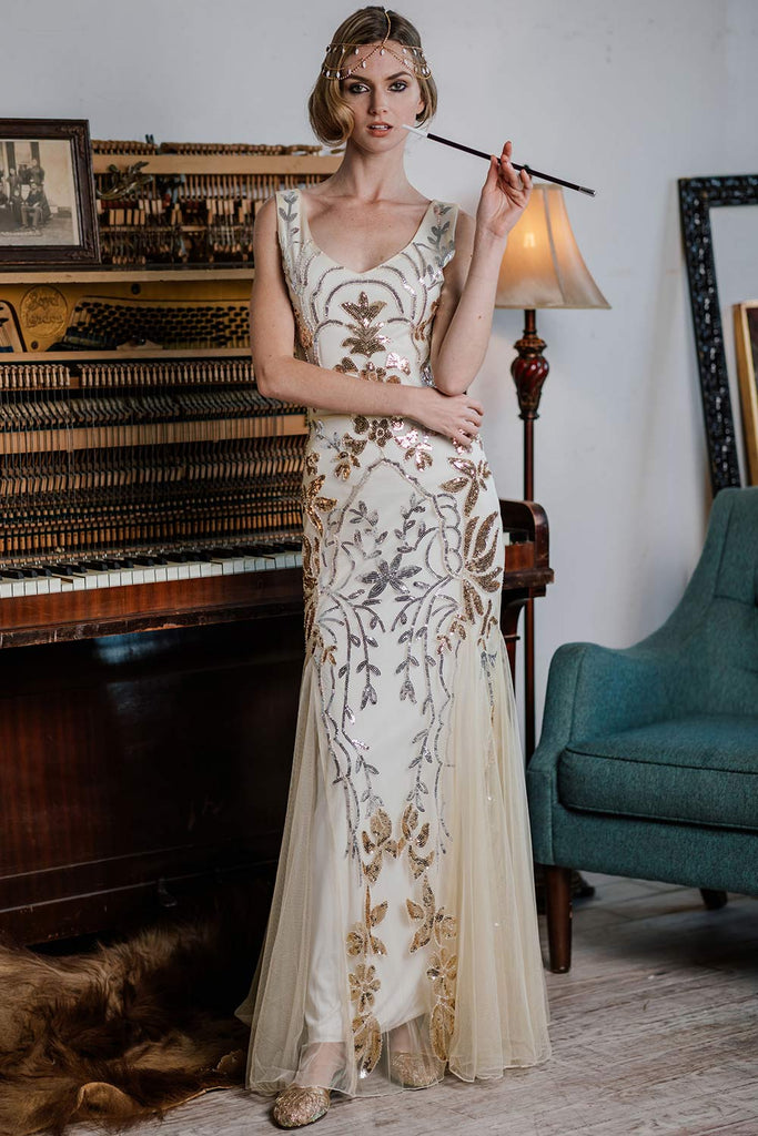 Robe Annee 20 Longue a Paillettes d abricot