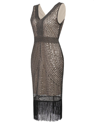 [Produits en Liquidation] Robe Charleston à Col V Cocktail Vintage Année 20 à Franges et Sequins d'abricot