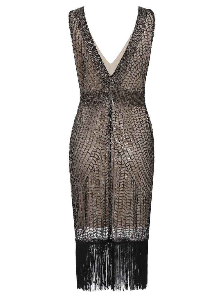 [Produits en Liquidation] Robe Charleston à Col V Cocktail Vintage Année 20 à Franges et Sequins d'abricot