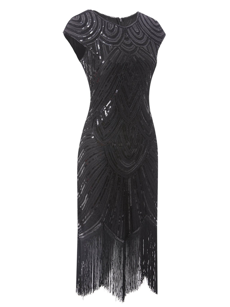 Robe Charleston Vintage Noir Année 20 Gatsby Frangée à Perles et Sequins