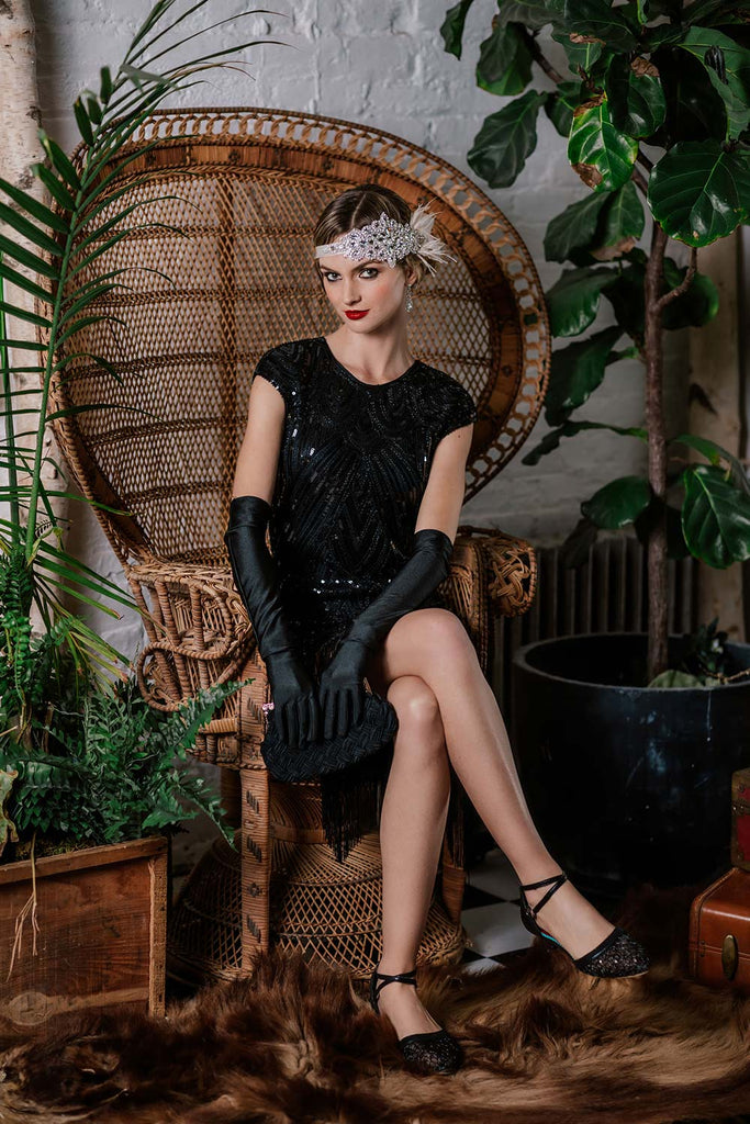 Robe Charleston Vintage Noir Année 20 Gatsby Frangée à Perles et Sequins