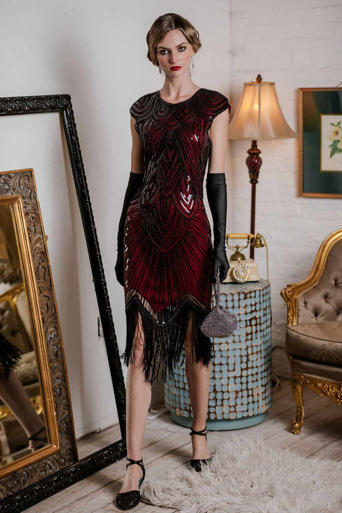 Robe Charleston Vintage Année 20 Gatsby Frangée à Perles et Sequins Rouge