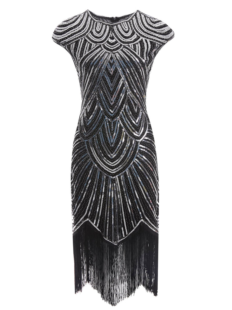 Robe Charleston Vintage Années 20 Gatsby Frangée à Perles et Sequins Argenté