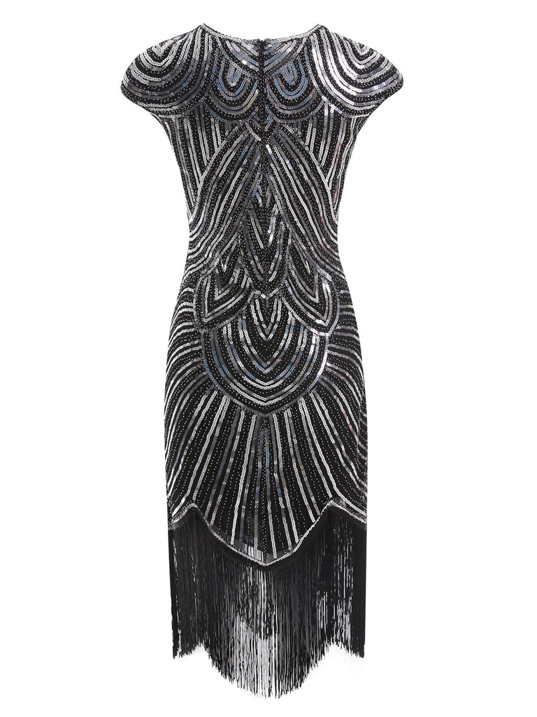Robe Charleston Vintage Années 20 Gatsby Frangée à Perles et Sequins Argenté
