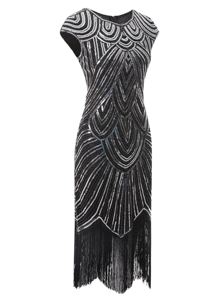 Robe Charleston Vintage Années 20 Gatsby Frangée à Perles et Sequins Argenté