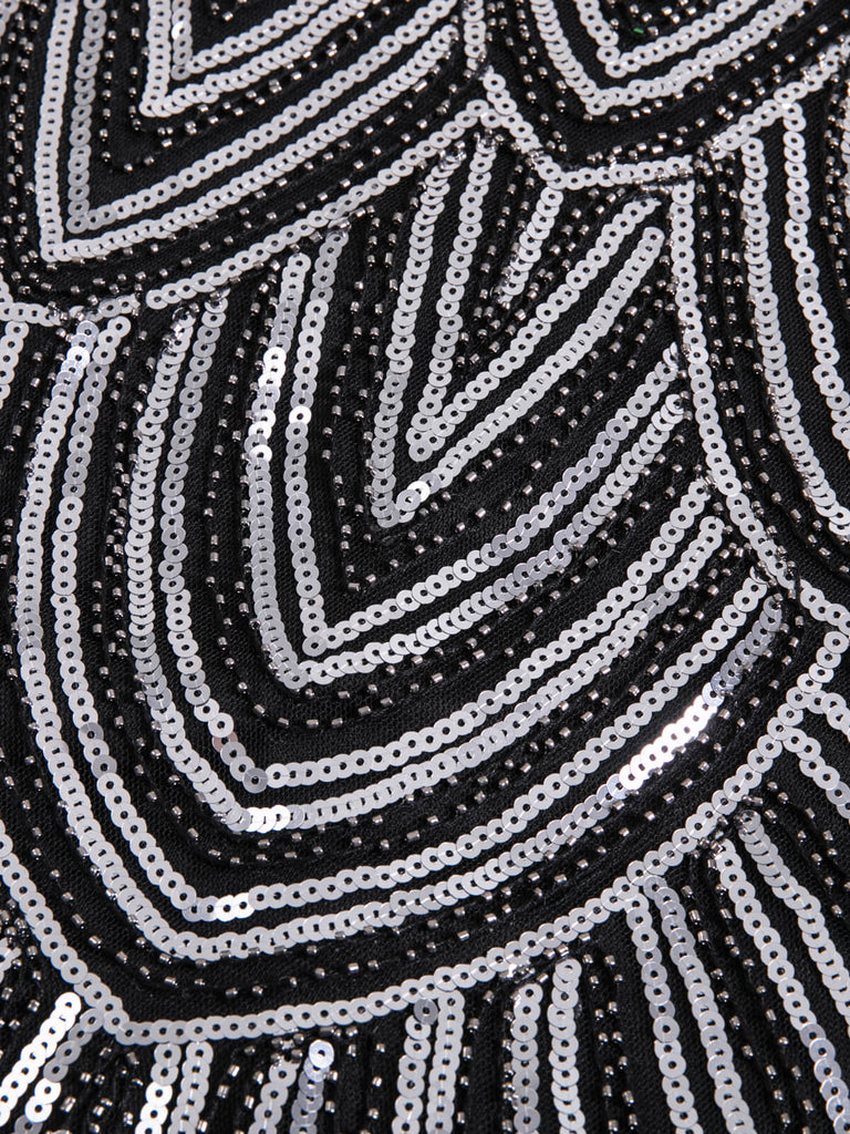 Robe Charleston Vintage Années 20 Gatsby Frangée à Perles et Sequins Argenté