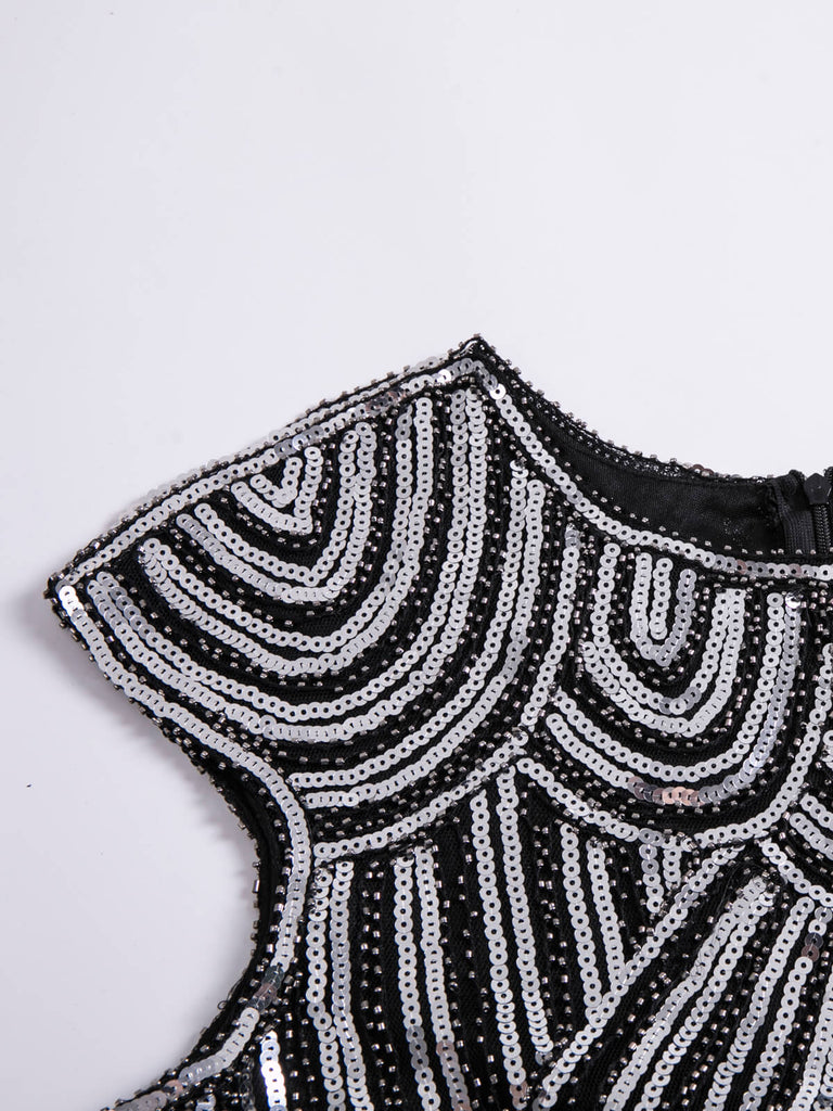 Robe Charleston Vintage Années 20 Gatsby Frangée à Perles et Sequins Argenté