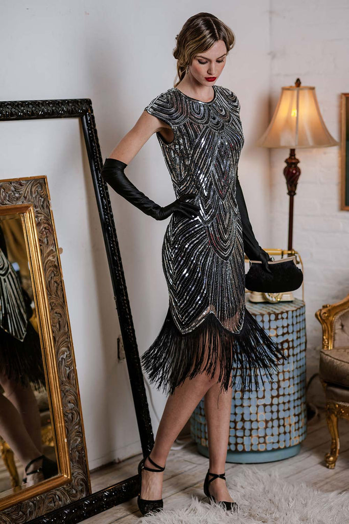 Robe Charleston Vintage Noir Année 20 Gatsby Frangée à Perles et